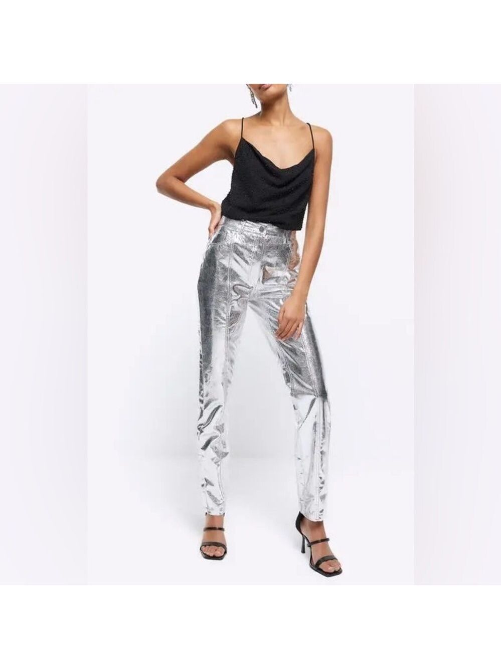 River Island Metallic Snakeskin Embossed Faux Leather Pants - silver - size 12
